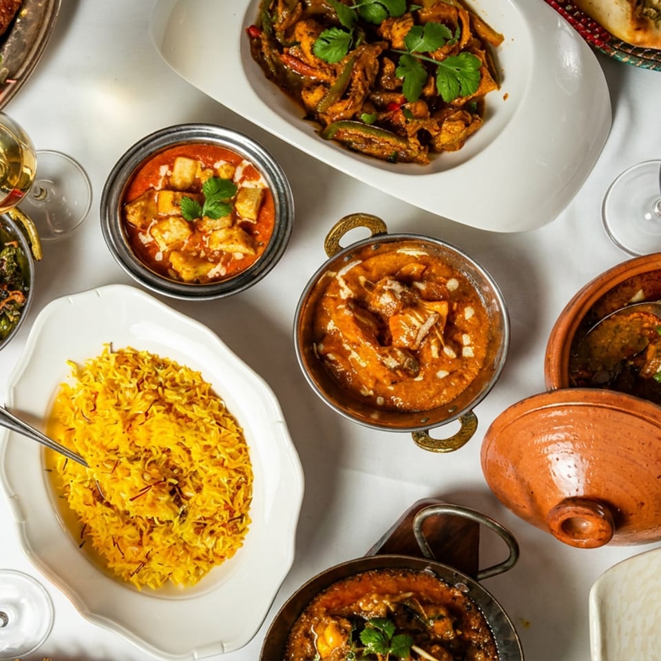 An overhead shot of a table laden with various Indian dishes, including curries, rice, and grilled meats.